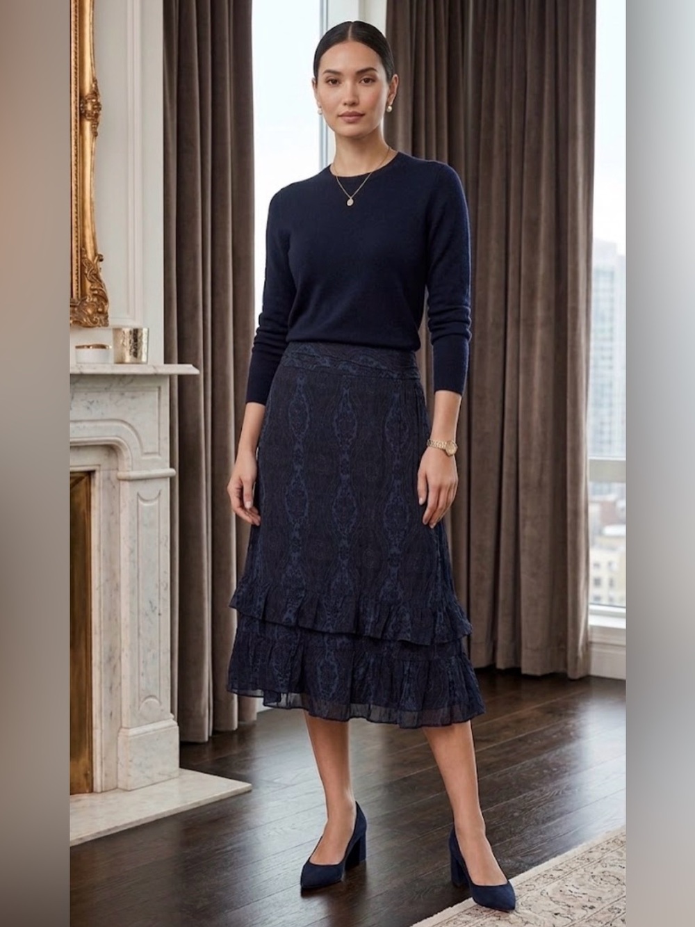 LOFT Dark Navy Blue Brocade Pattern Ruffled Chiffon Skirt